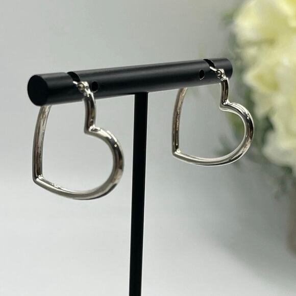 JCM 925 Sterling Silver Heart Hoop Dangle Earrings 1” - Picture 1 of 7